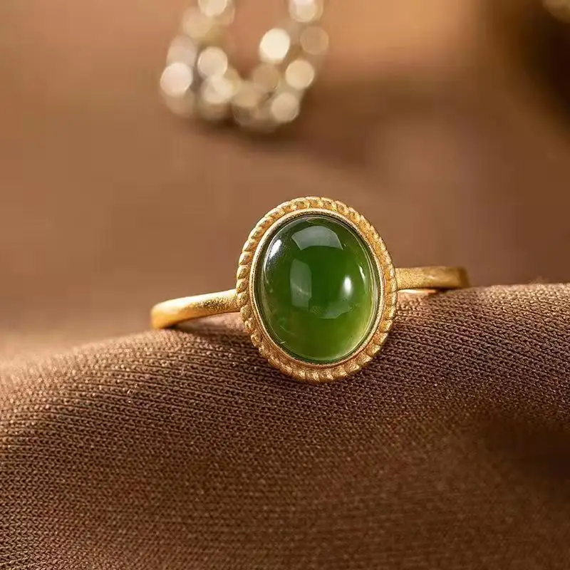 

HOYON Real 18K Pure Gold Coating Ring for Women Imitation Emerald Gems Ring Female Ladies Oval Jade Stone Party Jewelry Gift