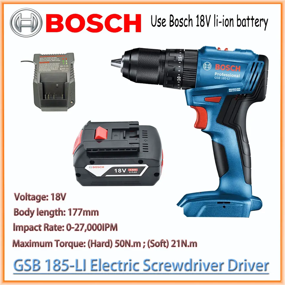 

Bosch 18V Cordless Impact Drill GSB 185-LI Electric Screwdriver Driver Brushless Motor Professional Multifunctional Power Tool