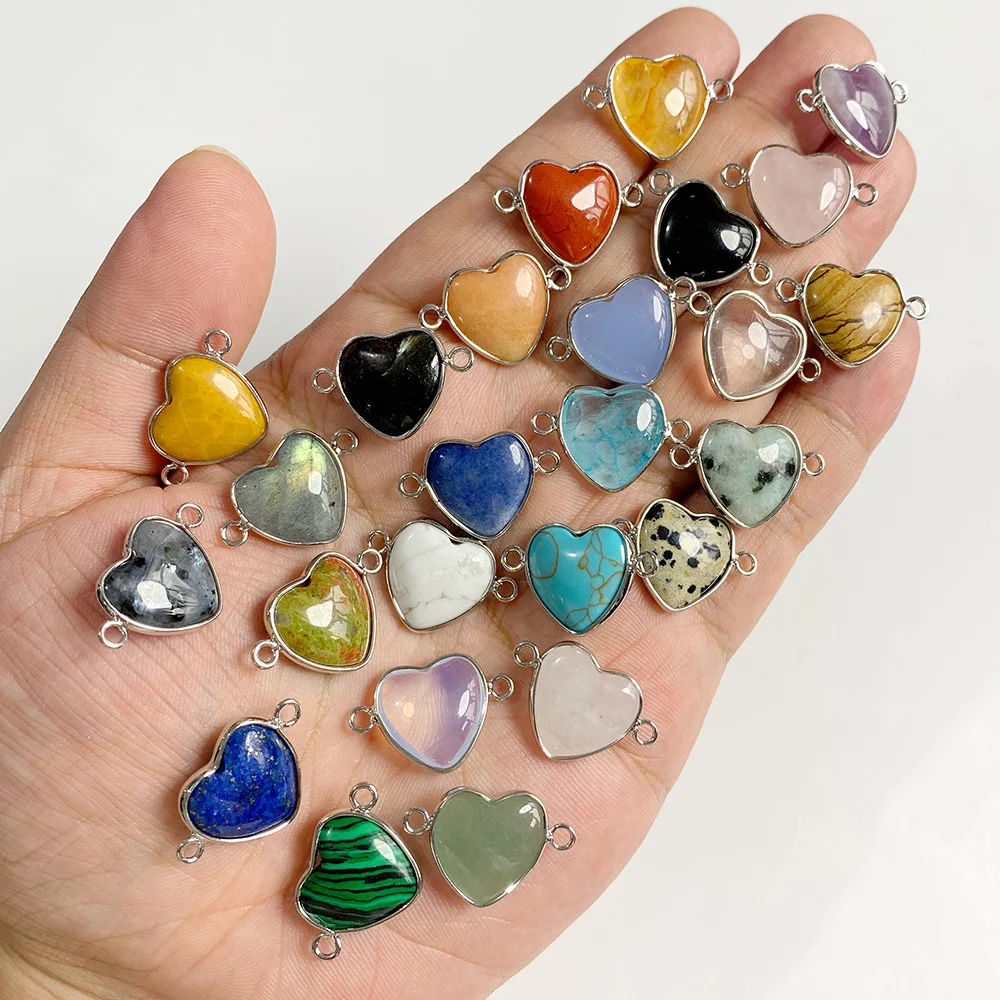 5PCS 15MM Natural Stone Pendant Connector Silver-colored Heart Shape Agates Malachite Crystal Beads Charms for Jewelry Making