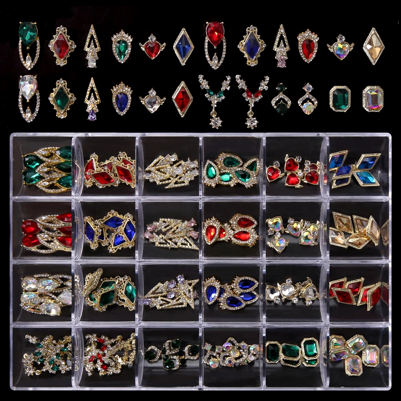 

1Box(120pcs)Luxury Design Alloy Nail Charms 24 Grids Coffin Rhinestones Crystals Nail Jewelry Part DIY Designer Unique Decor#ZB3