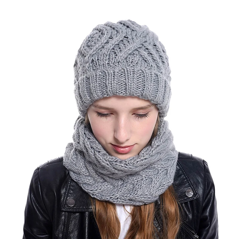 

Winter Fashion Wool Hat Scarf Set Women's Knit Cap Bib two-piece Autumn Winter Female Warm Solid Knitted Neck Scarf Suit