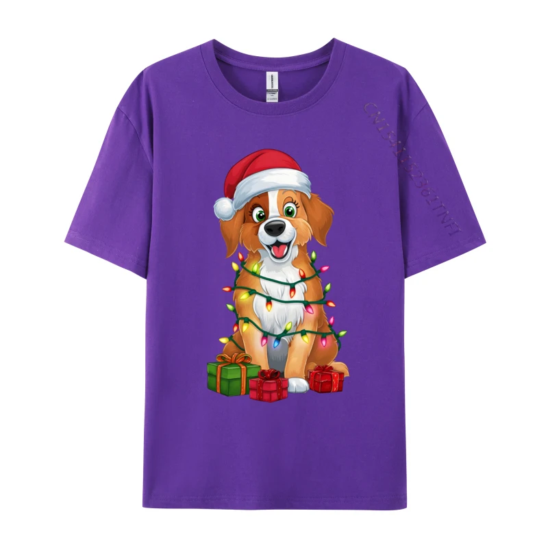 Xmas Lighting Santa Hat Aidi Dog Christmas T-Shirts Vintage 100% Cotton Tees Classic T Shirt Crewneck Tops