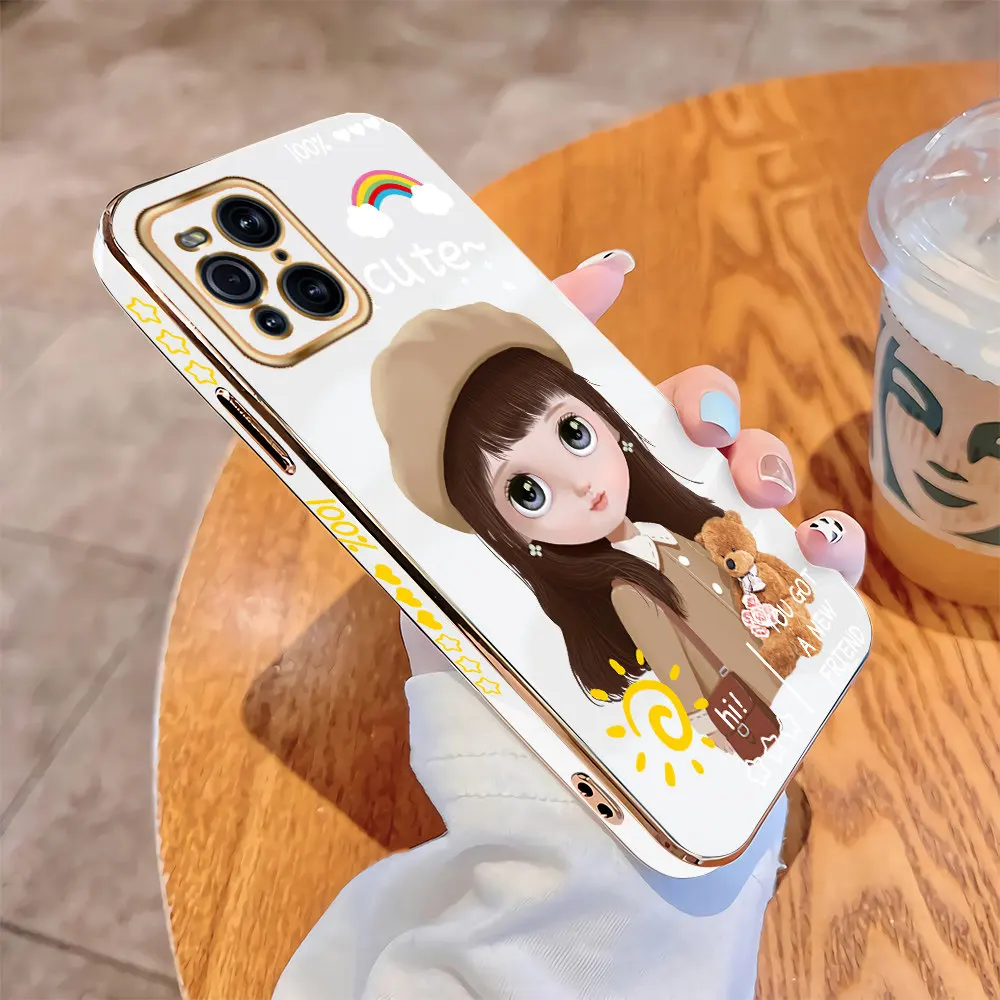 

For OPPO Find X3 5G F11 F9 F7 Pro Luxury Square Case Cartoon Girls Plating Soft TPU Cover Shockproof Cases