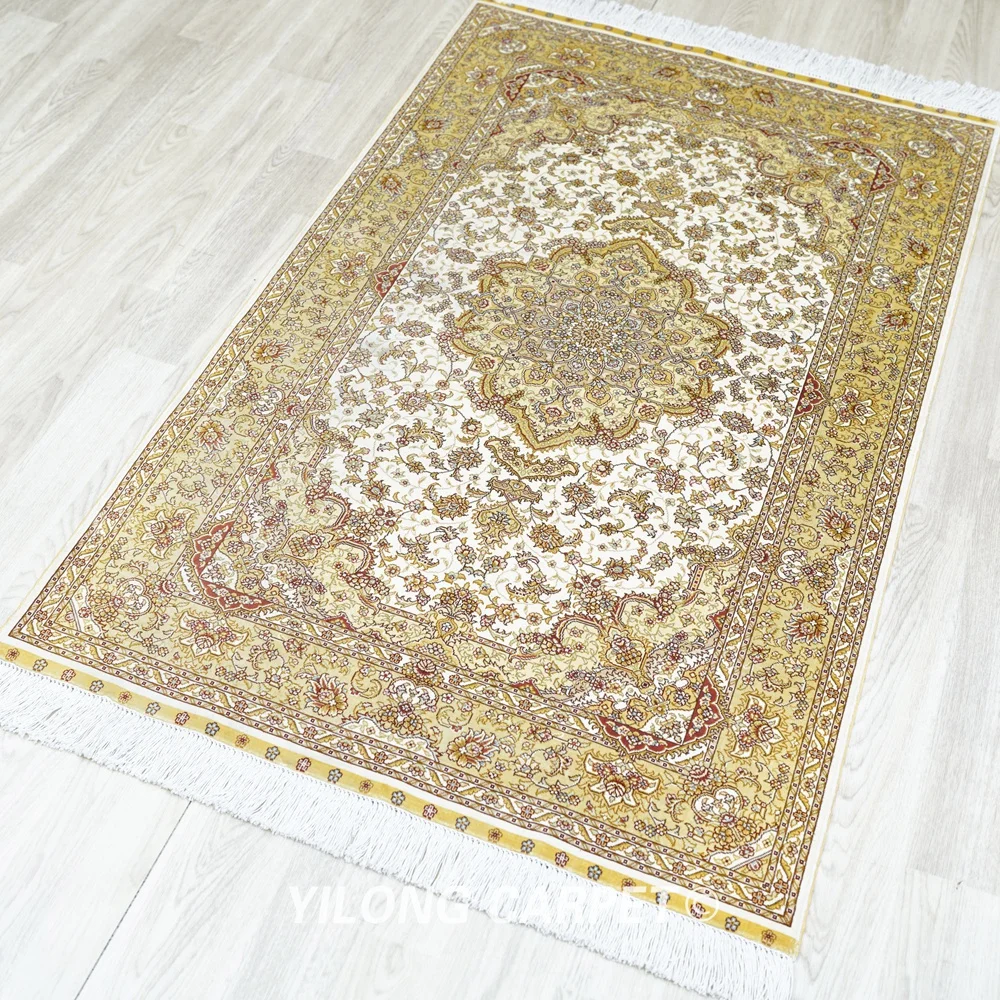 Восточный шелковый ковер ручной работы 3 'x 5' бежевый изысканный Шелковый из