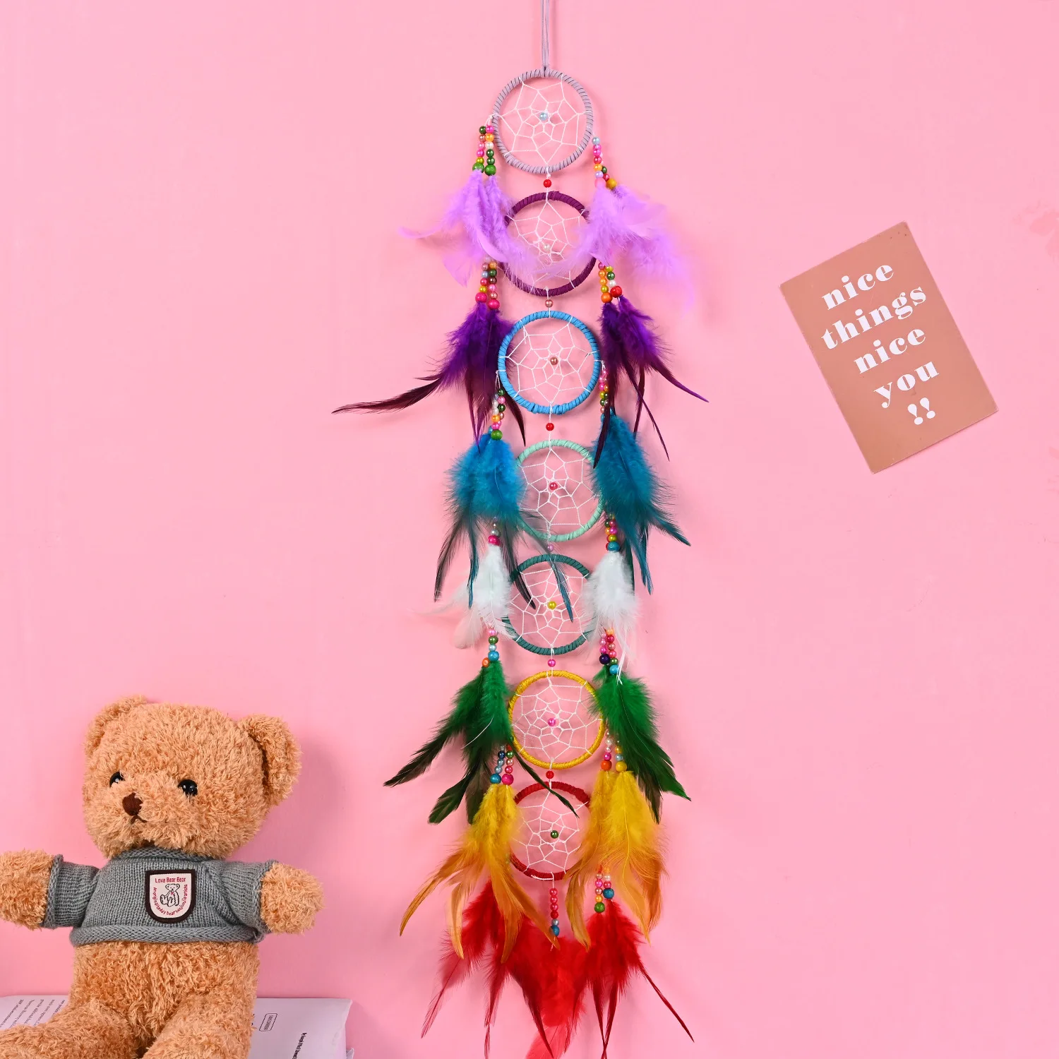 

Creative Handmade Feathers Beads Dream Catcher Colorful Seven Rings Pendant Wall Hanging Decoration for Bedroom Home Dec