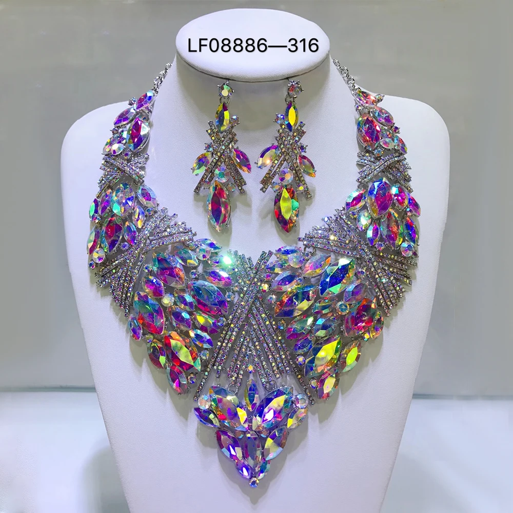 Fashion Wedding Jewelry Color Color Crystal Rhinestones Necklace Earrings Set For Women Dubai Bridal Jewellery Sets