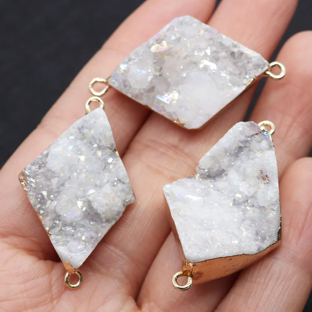 

Natural Stone Rhombus 20-40mm Metal Edge Pendant White Crystal Delicate Accessories Earrings Necklace Accessories