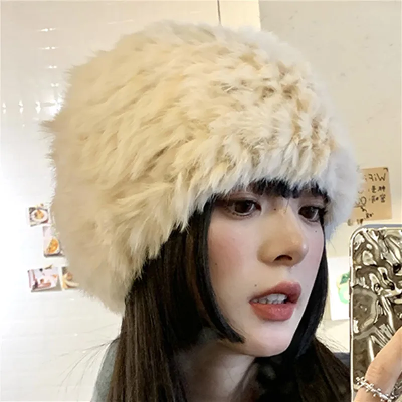 

Fashion Luxury Hats Winter Women Rabbit Fur Hat Warm Natural Fluffy Fur Female Caps Skullies Beanies Hat Outdoor Snow Cap