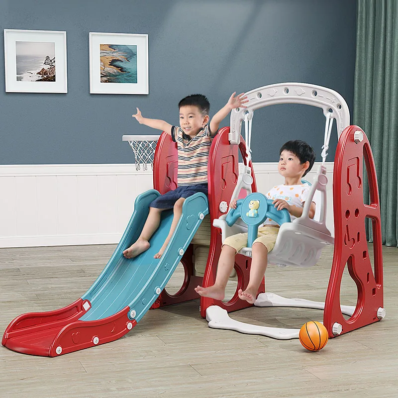 

Children Slide and Swing Upgrade 4 in 1 Indoor Playground Kids Multifunctional Slide Swing With Basketball Hoop for Baby Playpen