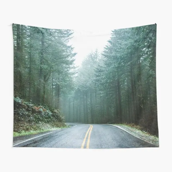 Forest Road Trip Foggy Day Fir Trees P  Tapestry Printed Hanging Bedspread Mat Blanket Wall Room Decoration Home Bedroom