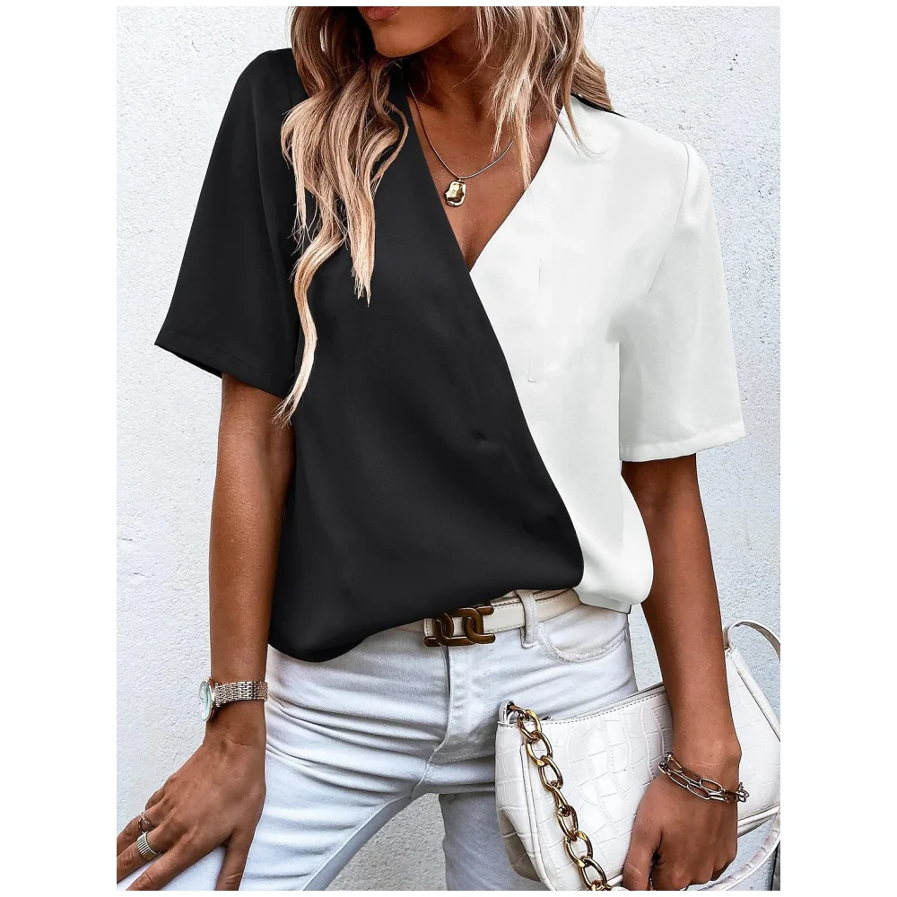 

Women's T-Shirt With Colour Blocking Summer Short Sleeve Tops Casual Daily V Neck Blouse New Women Plus Size Tshirt Lady Clothes