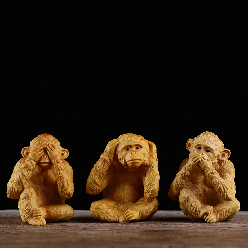 

Three Monkey Animal Statue Don't Look Don't Listen Don't Say Boxwood Carving Creative Wood Carving Crafts Car Decoration