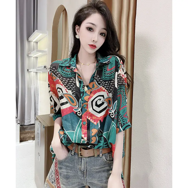 

2022 new retro floral short sleeve shirt women