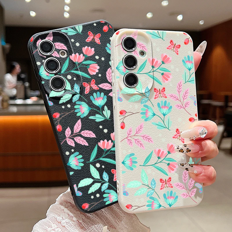 Чехол с принтом цветов и листьев для Samsung Galaxy A55 A35 A25 A15 S24 S23 S22 Ultra S21 S20 FE A16 A52 A53 A14 A34