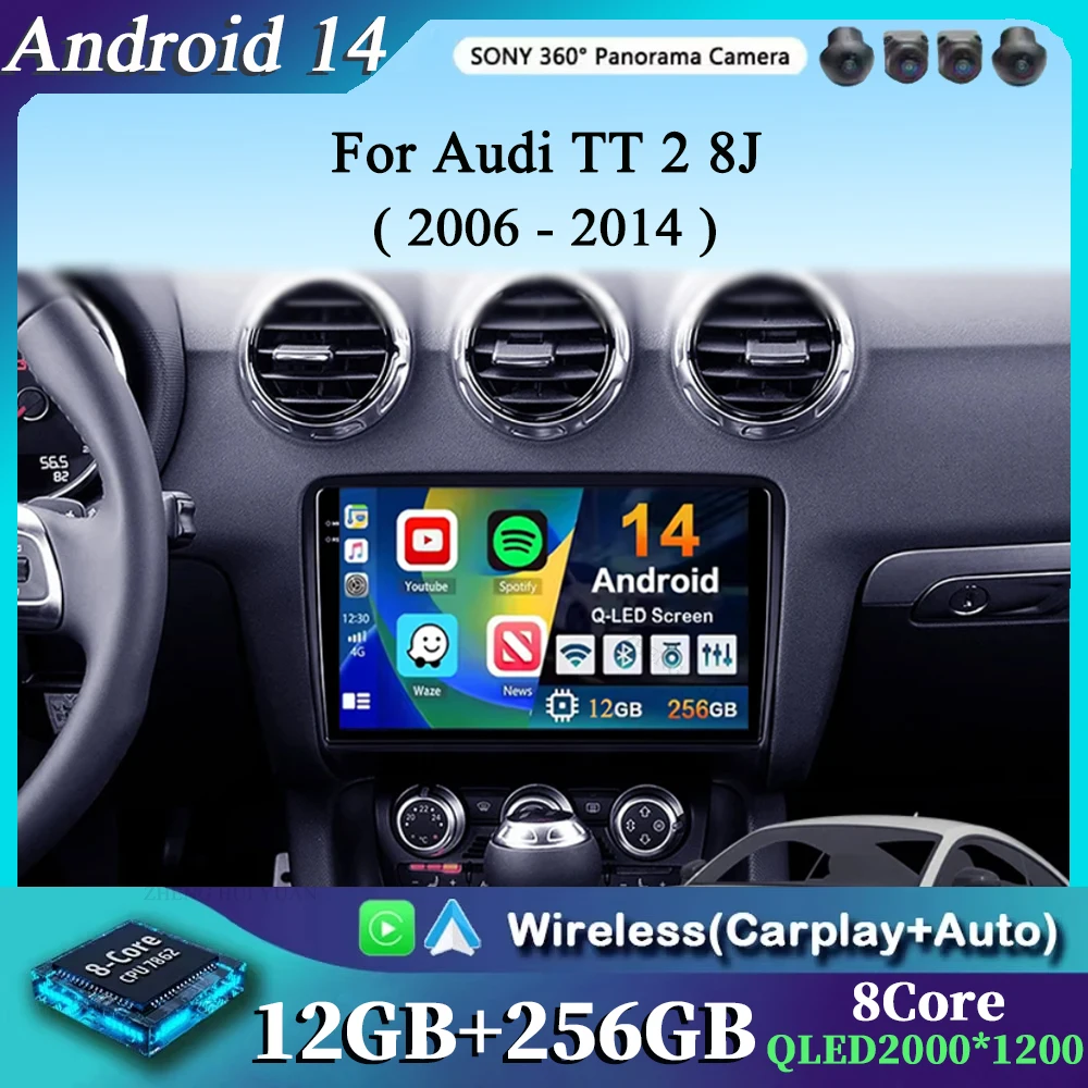 Для Audi TT 2 8J 2006-2014 2K 12+256 QLED Android 14 CarPlay Автомобильный радиоприемник Мультимедийный
