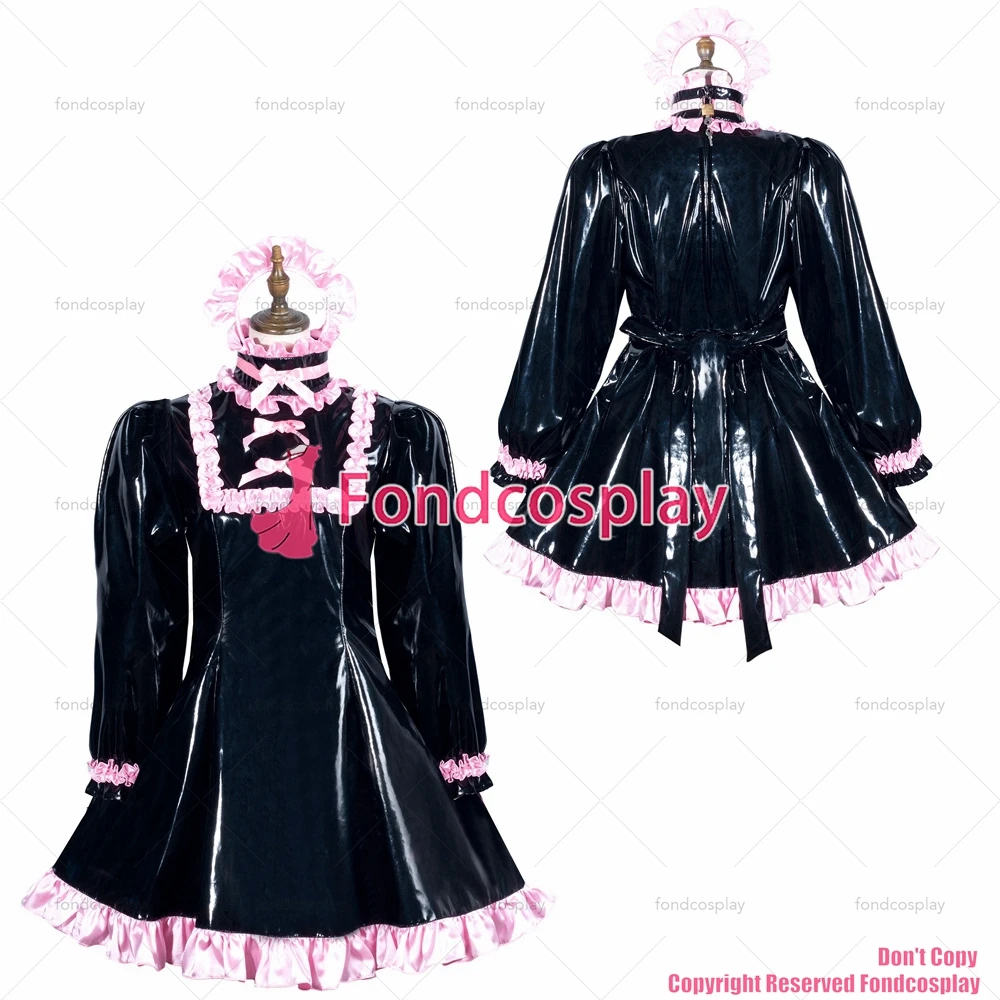 

fondcosplay adult sexy cross dressing sissy maid short black heavy pvc dress lockable Uniform cosplay costume CD/TV[G3773]