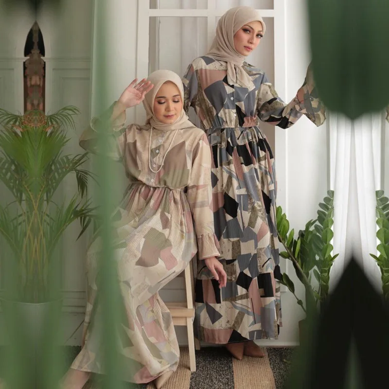 Hijab Abaya 2022 Muslim Fashion Dress Women Arabic Print Turkish Dresses Pleated Abayas Turban Islamic Clothes 2XL
