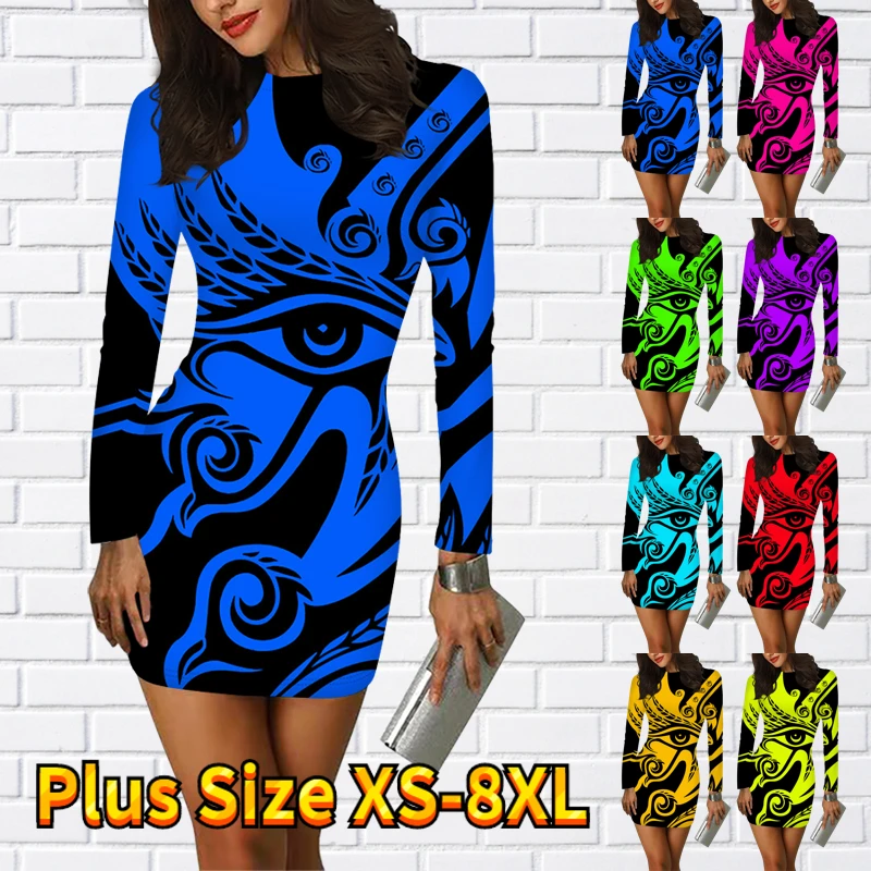 

2023 Autumn Round Neck Short Skirts Winter Women Dress Sexy Long Sleeve Skirt New Design Printing Midi Skirt Retro Tight Skirt