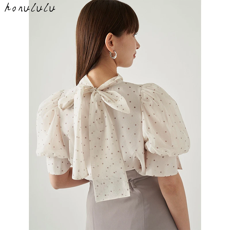 

2022 summer new women's clothing back bow half turtleneck puff sleeve top