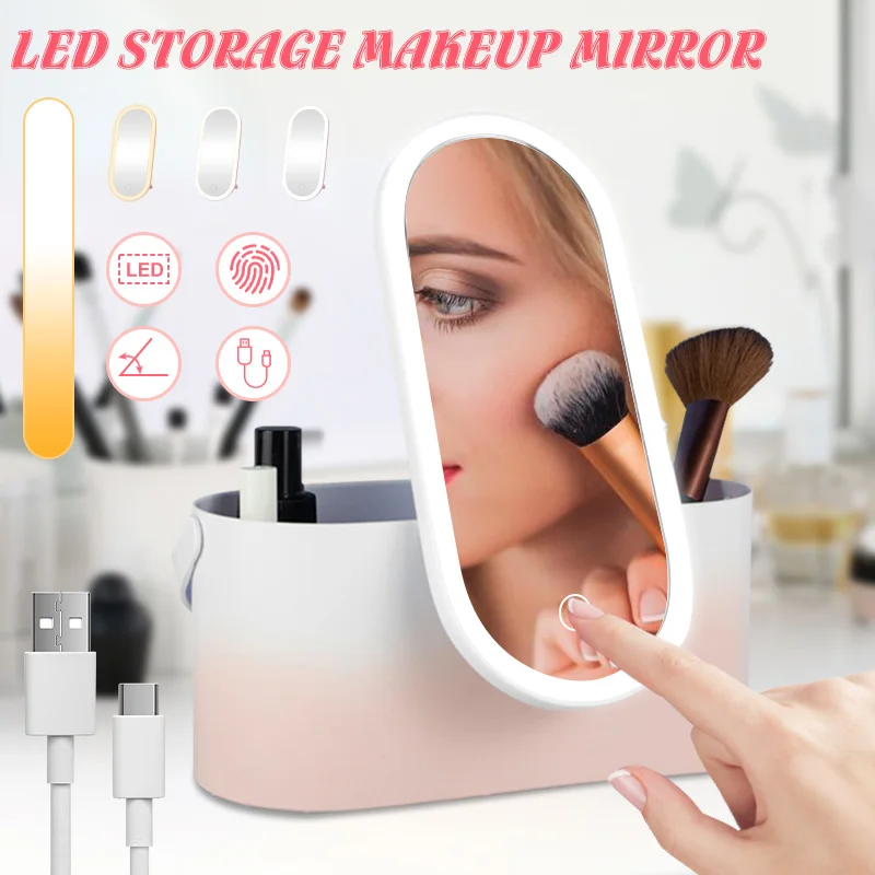 

Светодиодное зеркало для макияжа с коробкой для хранения косметики, портативное туалетное зеркало для туалетного столика с регулируемым п...