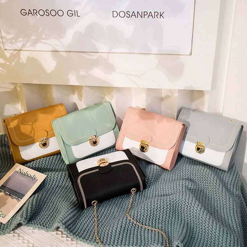 

Женская вышитая квадратная однотонная Корейская мини-сумка с замком через плечо