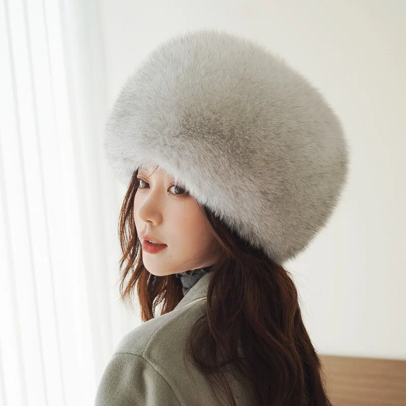 Fashion Winter Winterproof Fur Hat Ladies Luxury Fox Fur Ear Protection Large Round Hat Outdoor Warm Plush Mongolian Hat