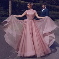 2022 elegant pink sequins top tulle a line prom dress women high neck short sleeves party formal evening gowns with tassel femme