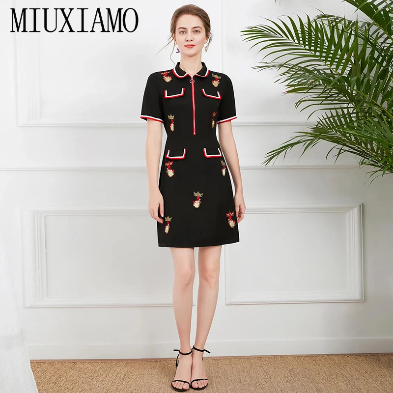 MIUXIMAO 2022 High Quality Spring&Summer Elegant Dress Short Sleeve Lapel Print Pockets Zipper Fashion Mini Dress Women Vestides