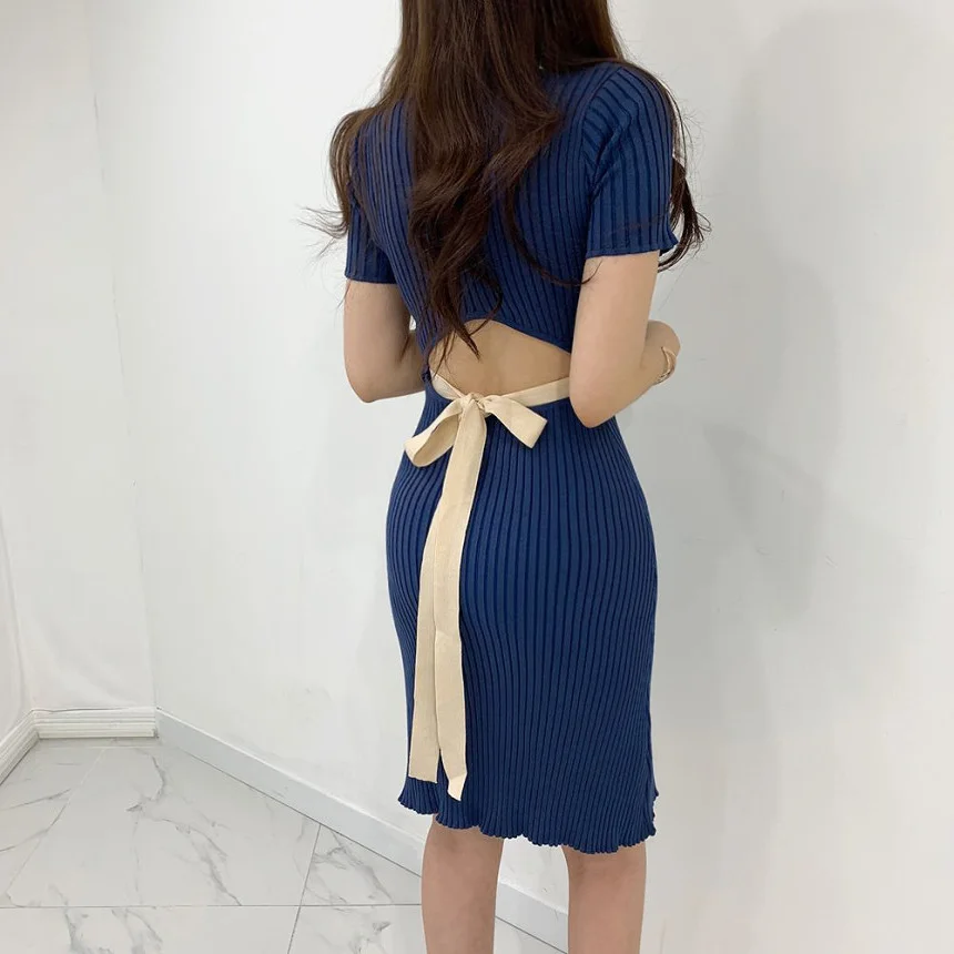 

Korean back hollowed out waistline design knitted dress women's Summer Black Hepburn small black skirt shows thin waist