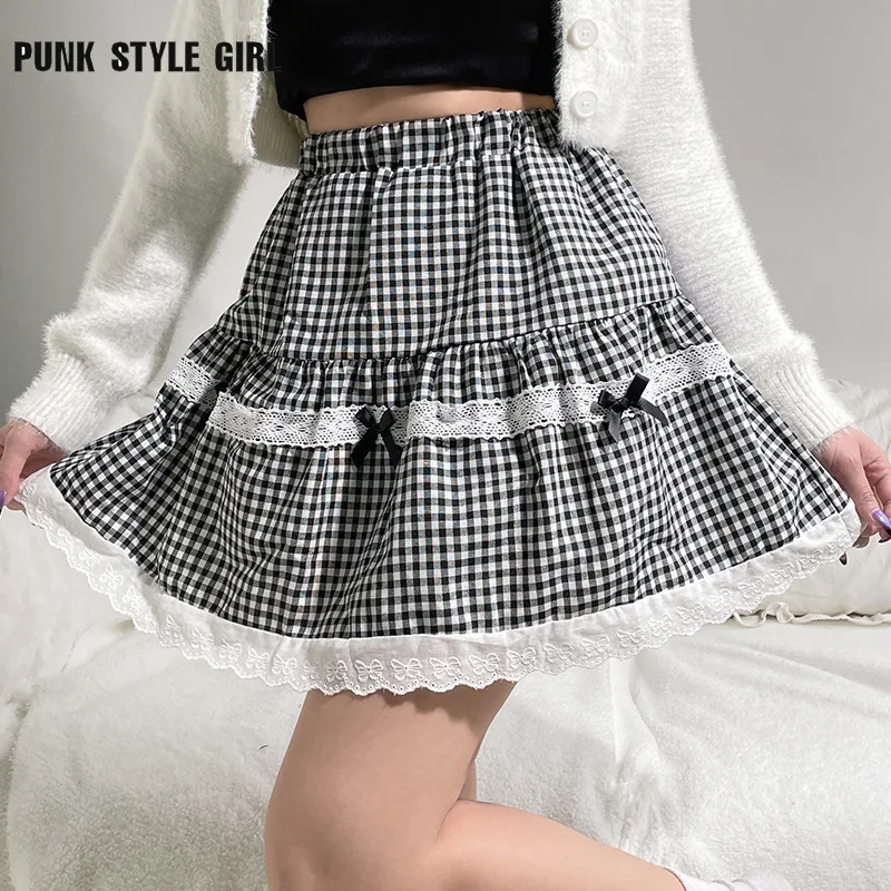 

Kawaii Plaid Skirt Women Ruffle Lace Patchwork Bow High Waist Lolita Skirts Teen Harajuku Egirl Korean Japanese Soft Girl Skater