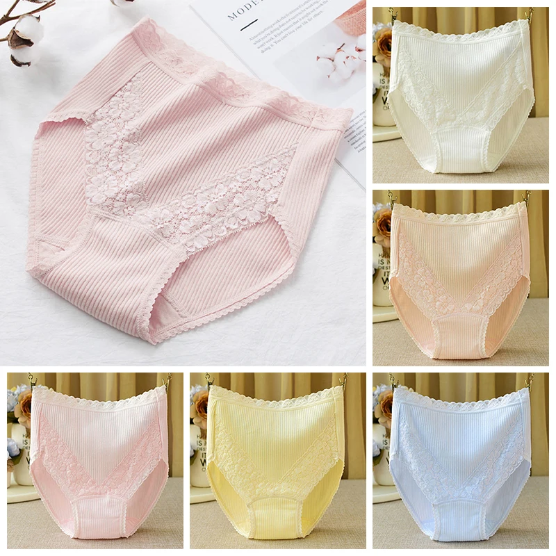 

1PC Women High Waist Cotton Panties Lace Trim Panties Large Size Comfortable Breathable Seamless Briefs Underwear