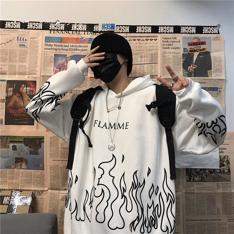 Hip Hop Oversized Hoodies 2022 Korean Version Flame Print Long Sleeve Sweatshirt Autumn Harajuku Gothic Men Women Tops |