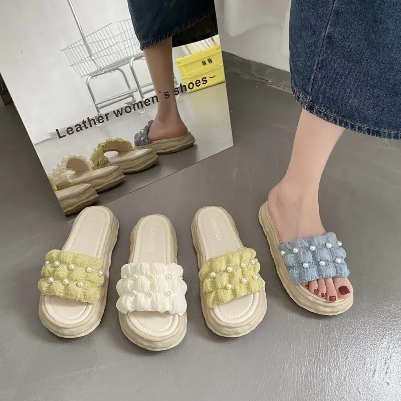 

Slippers Casual Shoes Woman 2022 String Bead Platform Pantofle Shale Female Beach Med Luxury New Sabot Flat Slides Fashion Rubbe