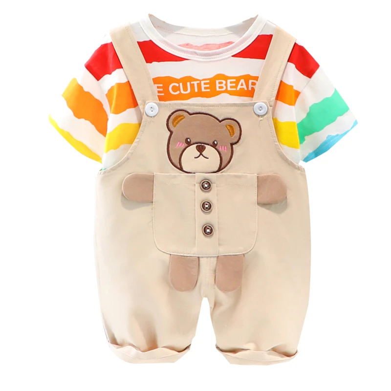 

Toddler Infant Clothes 2022 Summer Baby Girl Boy Clothing Sets Short Sleeve Stripe T Shirt Overalls Kids Outfits Child Tracksuit