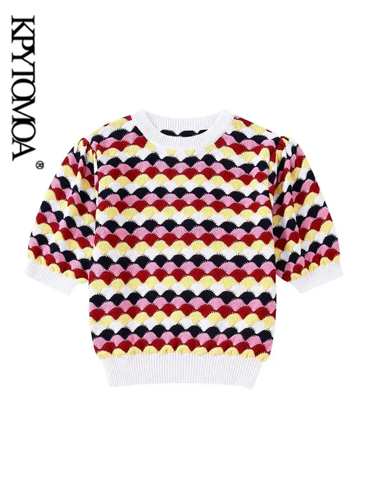 

Модный женский укороченный текстурированный вязаный свитер KPYTOMOA, винтажные женские пуловеры с круглым вырезом и короткими рукавами-фонари...