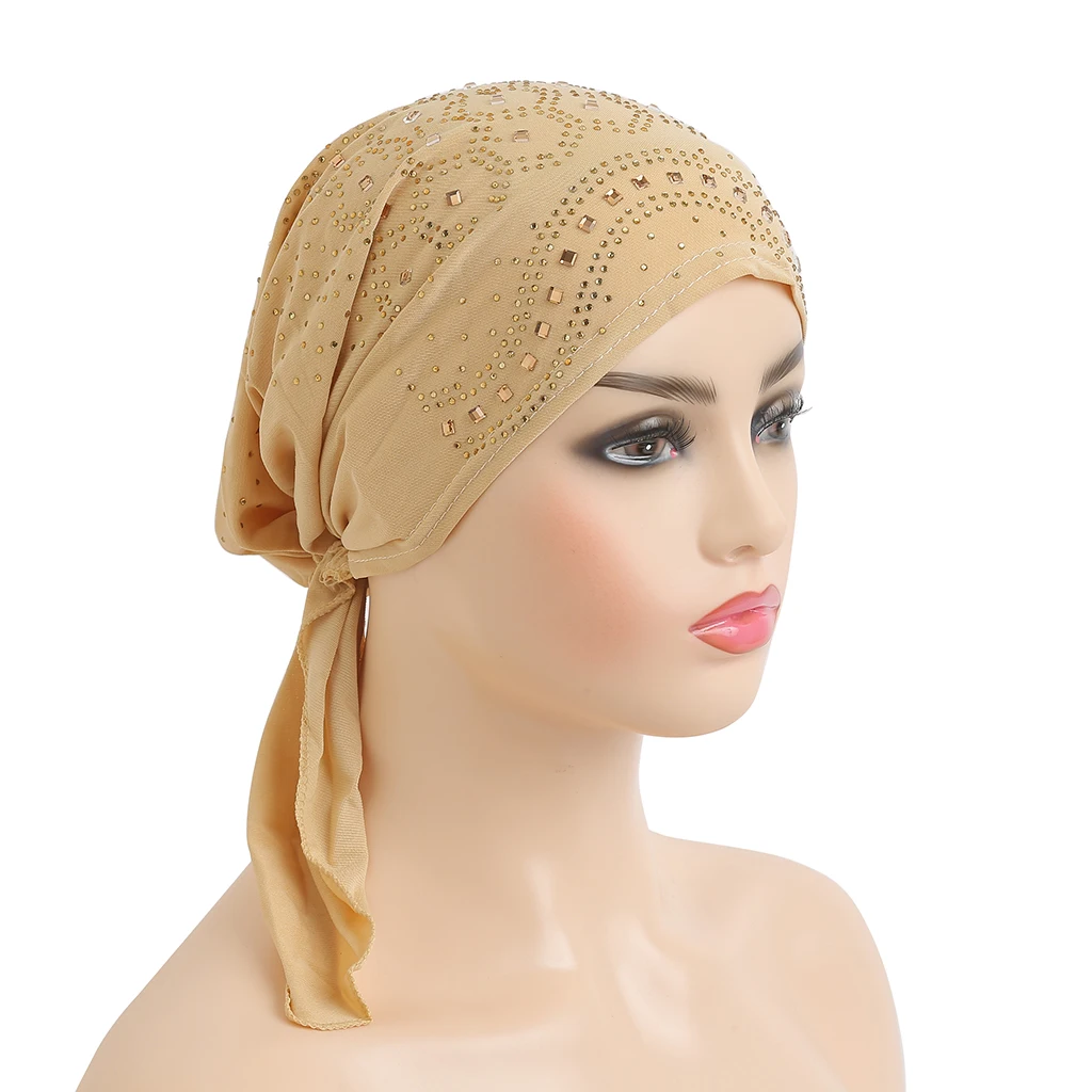 H1421 latest muslim amira hijab with stones elastic pull on islamic hats instant arabic scarf turban caps bonnet