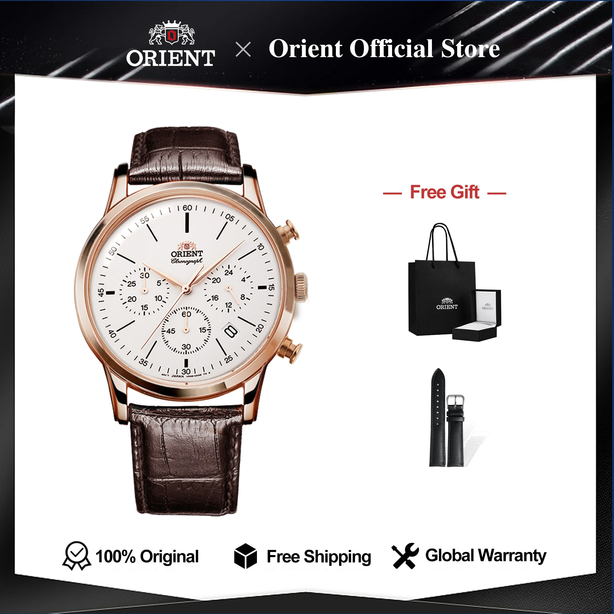 

Original Orient Quartz Watch for Men, Japanese Business Wrist Watch Multifunction Subdials Stainless Steel Leather Strap 3 Crown