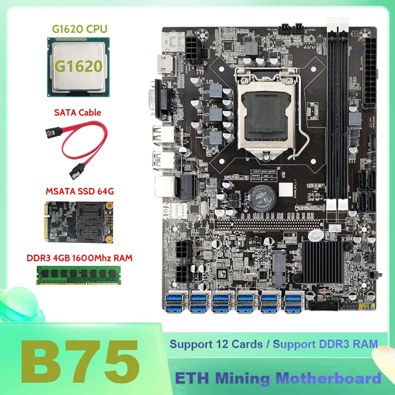 B75 ETH Mining Motherboard 12XPCIE To USB+G1620 CPU+DDR3 4GB 1600Mhz RAM+MSATA SSD 64G+SATA Cable BTC Miner Motherboard