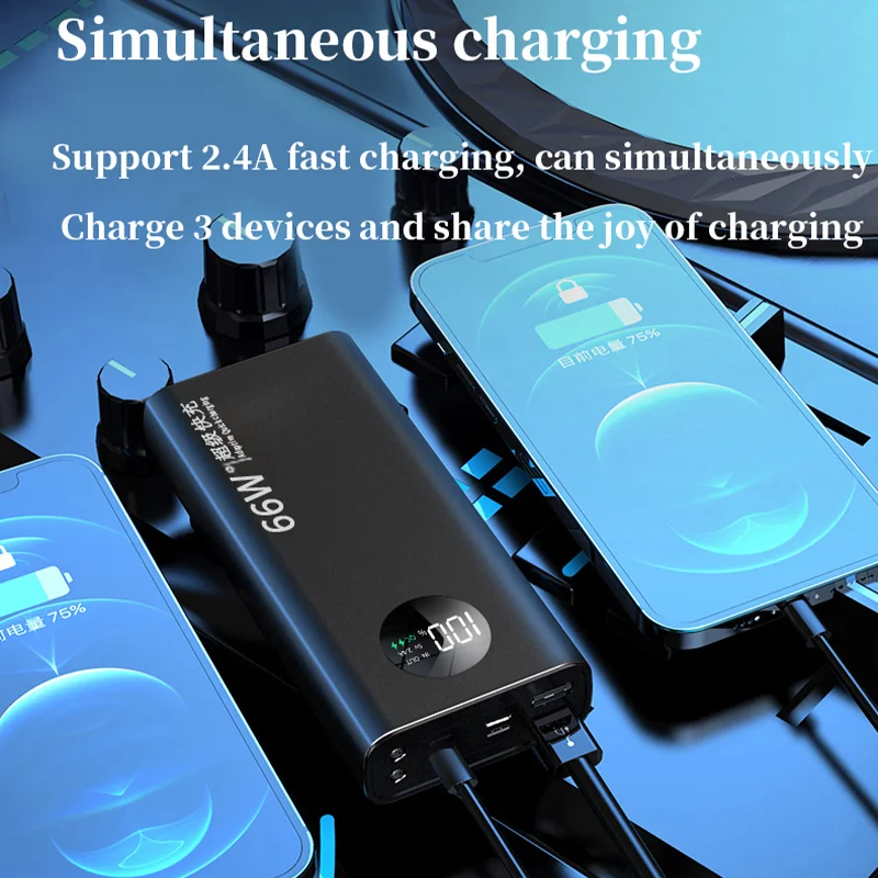 High-Capacity 60000mAh Power Bank PD66W Portable Charging External Battery Charger Digital Display with Flashlight for iPhone MI