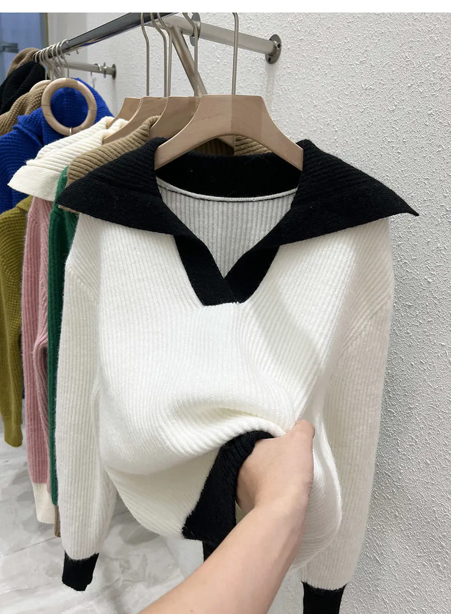 

Lapel Sweater Women's Little Popular Autumn New Fashion Foreign Style Contrast Color Soft Waxy Long Sleeve Knitted Shirt Top