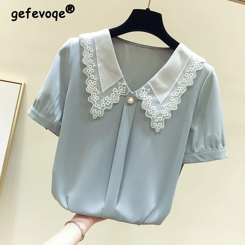 Women Casual Solid Loose Short Sleeve Chic Chiffon Shirt 2022 Summer Fashion Clothes Lace Patchwork All-match Sweet Blouses Tops