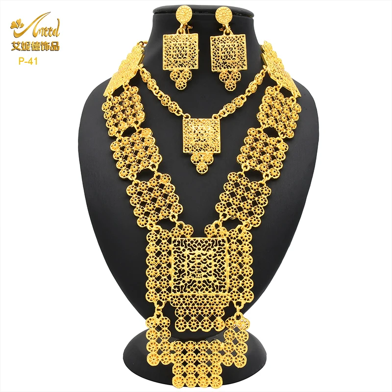 

ANIID African 24K Gold Plated Jewelry Sets Wedding Dubai Necklace Earrings For Women Nigerian Indian Bridal 2PCS Set Party Gifts