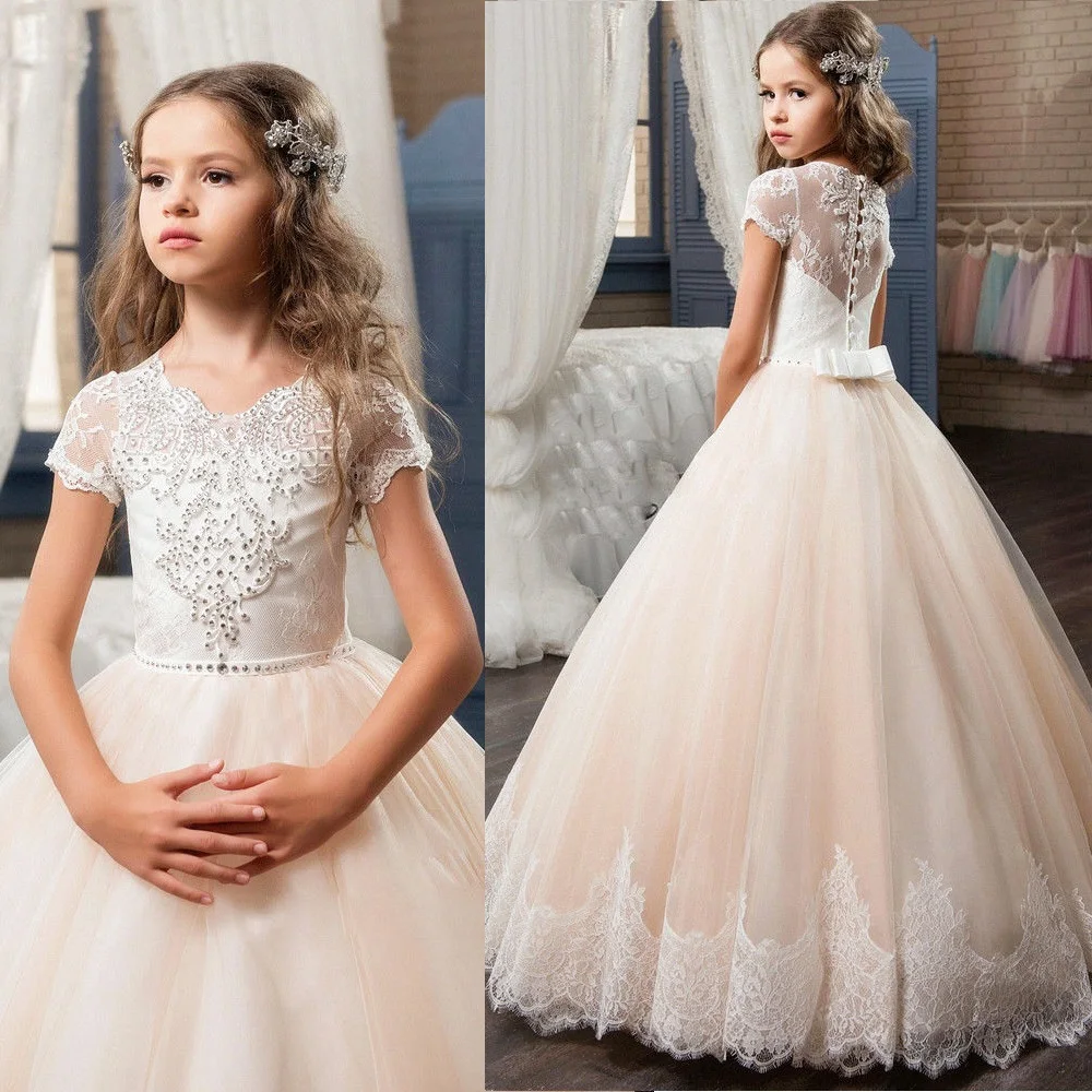 

Champagne Tulle Flower Girl Dresses For Wedding Short Sleeve Junior Bridesmaid Kids Birthday Party Princess Gown First Communion