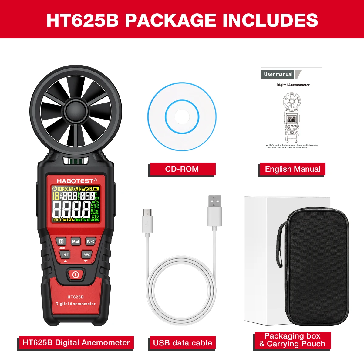 Цифровой анемометр HABOTEST HT625A/HT625B, измеритель скорости ветра, прибор для измерения объема воздуха, скорости, профессиональные инструменты