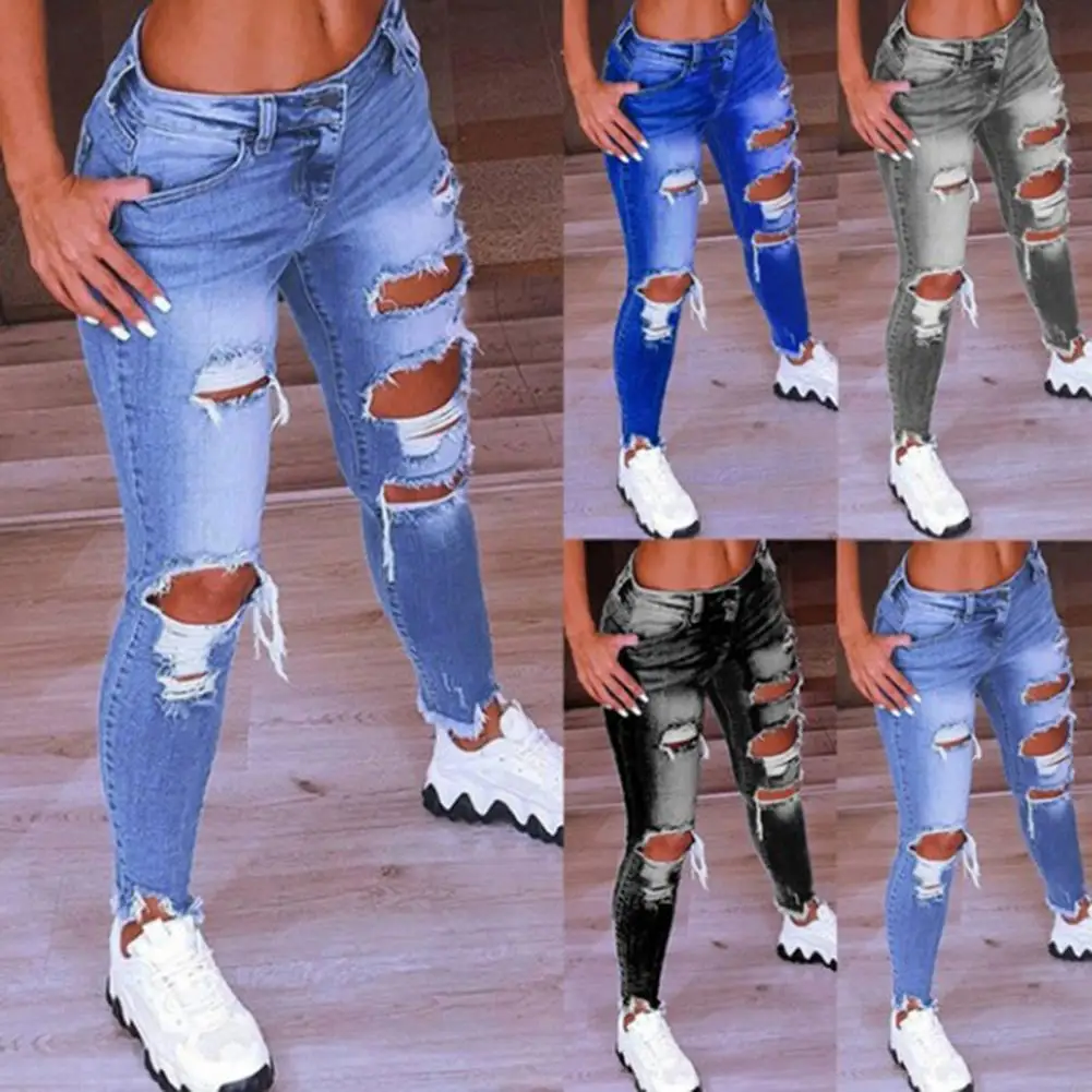 

Washable Chic Ripped Holes Jeans Pencil Pants Bottoms Pencil Pants Zipper Closure for Work