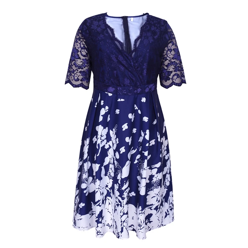 

Women Plus Size Lace Splicing Half Sleeve Sexy Wrap V-Neck Midi Long Swing Dress Floral Print A-Line Flared Hem Sundress
