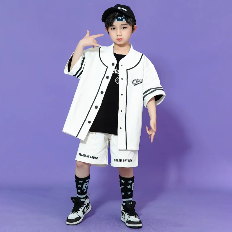 

Детская одежда в стиле хип-хоп, белый кардиган, бейсбольная рубашка, топ с коротким рукавом, летние шорты-карго для девочек и мальчиков, костюм для джазовых танцев, одежда