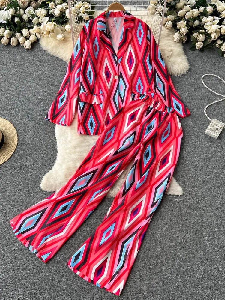 

Women's Casual Vintage Blazer Two Piece Sets Lady Long Sleeve Blazer & High Waist Wide Leg Pants Suit Female Fashion Outfit