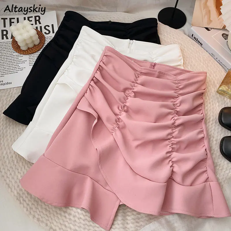 

Мини-юбка женская в Корейском стиле, винтажная привлекательная облегающая однотонная Повседневная Асимметричная в складку, в стиле Харадзюку, на лето