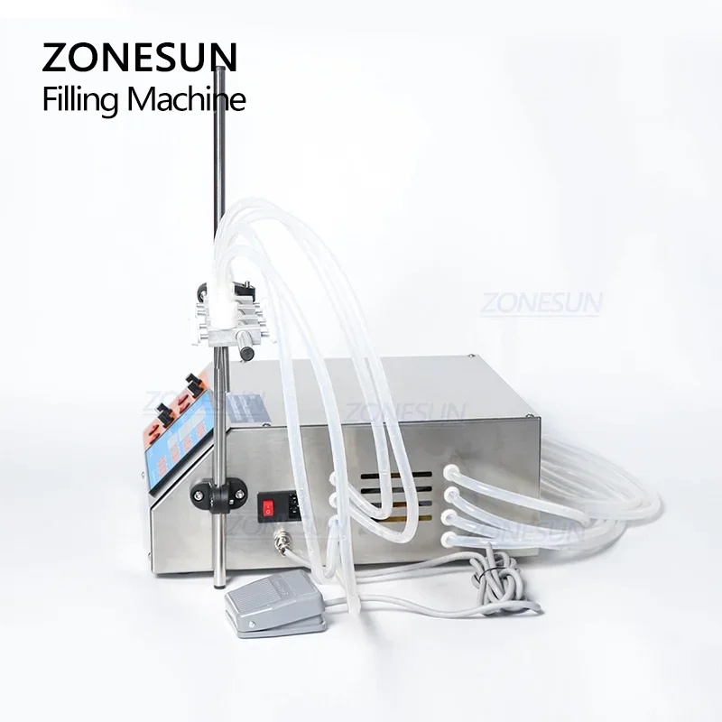 Фото ZONESUN ZS-YTDP4 Полуавтоматическая машина для розлива жидкостей с 4 головками, электрическим цифровым управлением и насосом для воды, соков, масла в бутылки и банки №4
